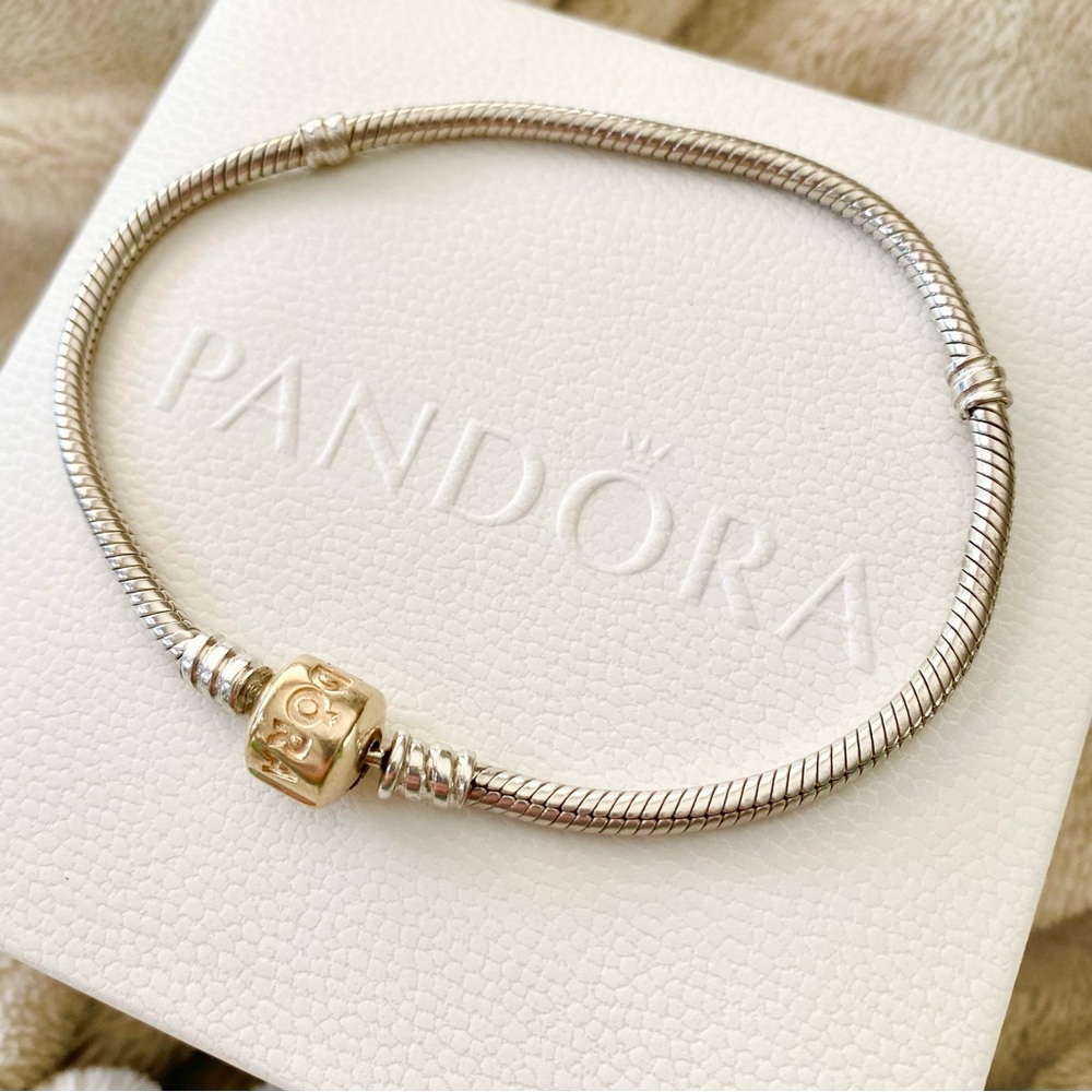 EUC Pandora S925 Silver snakeshain and 14K solid Gold clasp Bracelet, 8 inches